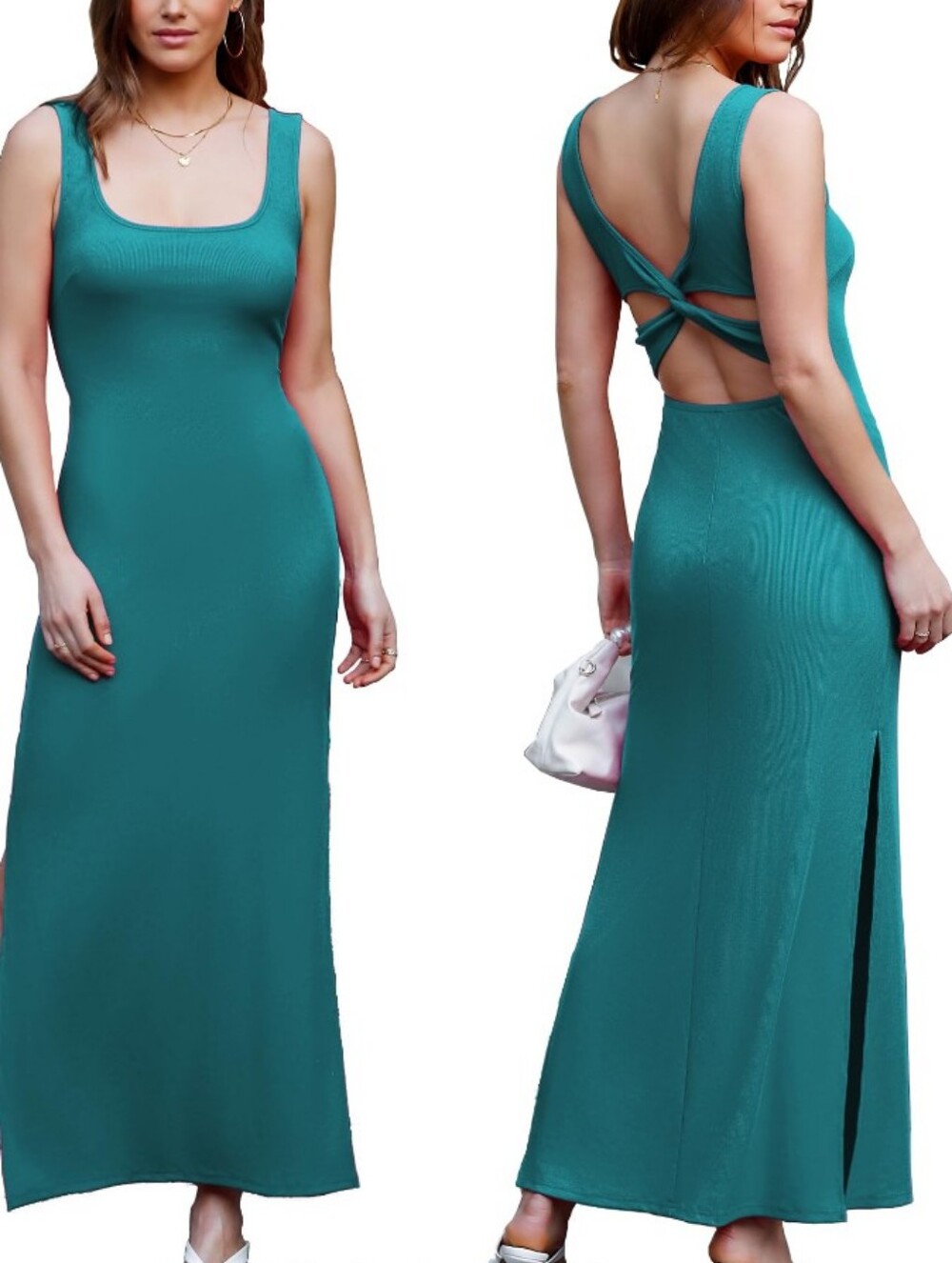 ​ALENDA DANMOS Backless Bodycon Maxi Dress – Twist Back & High Slit – Peacock Gr